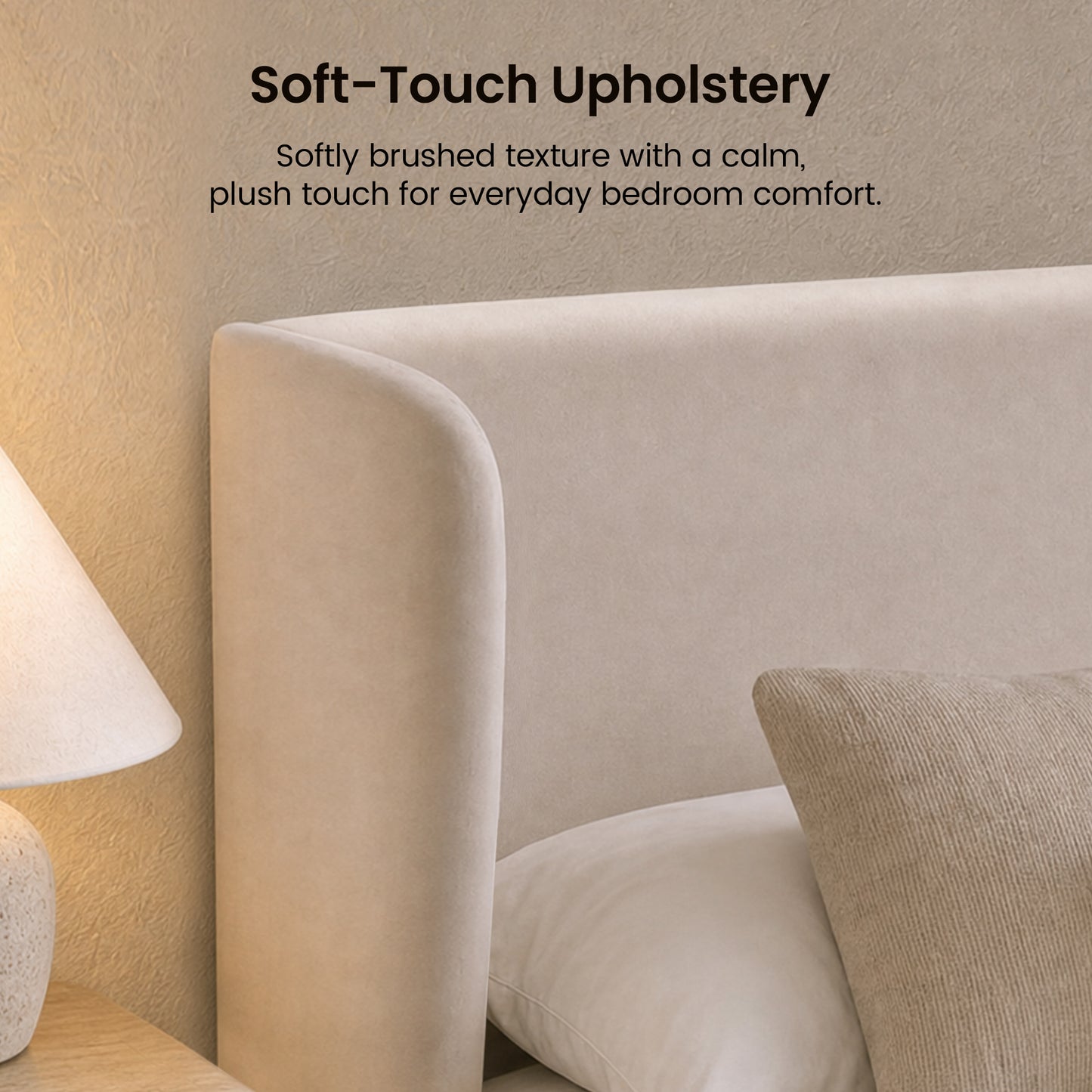 Close-up shows a pale upholstered headboard and contrasting ribbed pillow