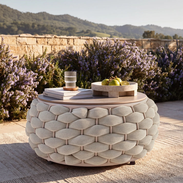 4-Piece Eggshell Woven Rope Patio Furniture Set with 1 Loveseat & Coffee Table, 2 Lounge Chairs