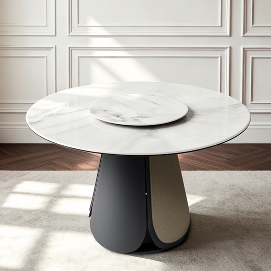 53" Round Marble-Pattern Glass Table with Lazy Susan & Petal Base