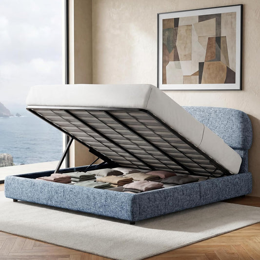 Dione King Lift-Up Storage Bed Frame with Curved Headboard, Harbor Depth Blue