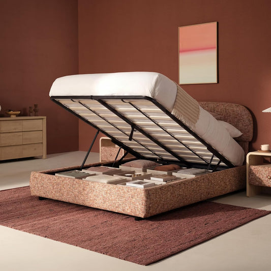 Dione Queen Lift-Up Storage Bed Frame with Curved Headboard, Canyon Dawn Red