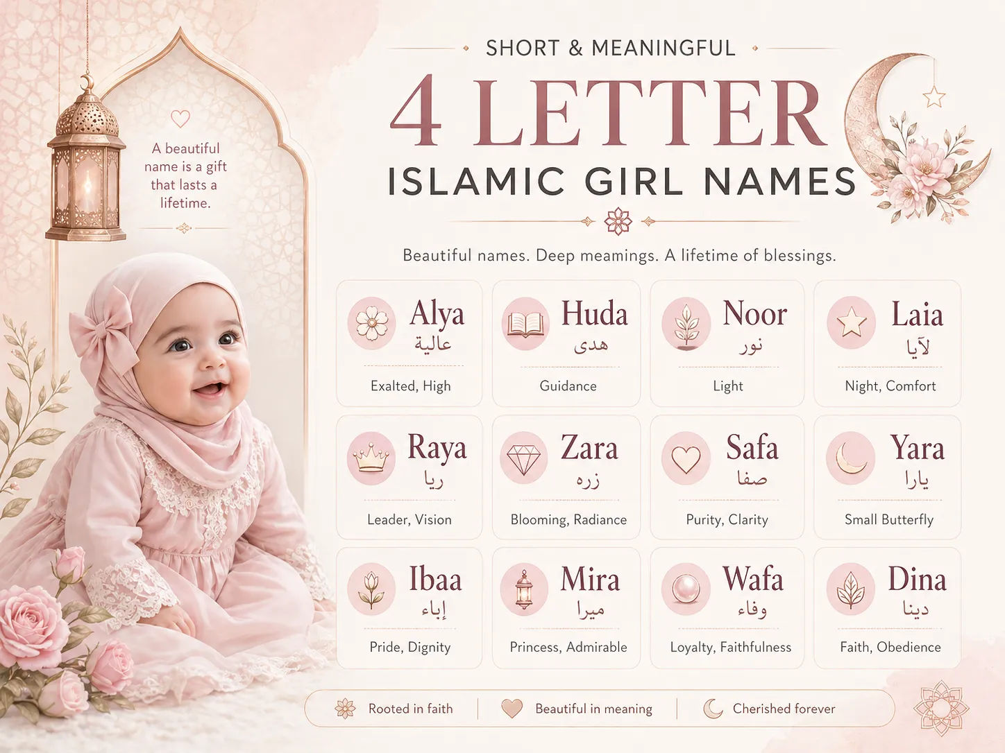 Chart of short 4 letter Islamic girl names with meanings