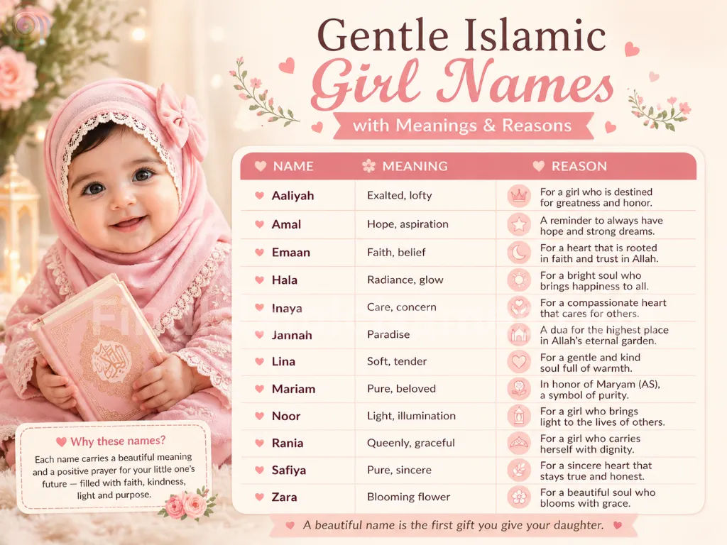 Gentle Islamic girl names table with meanings and reasons