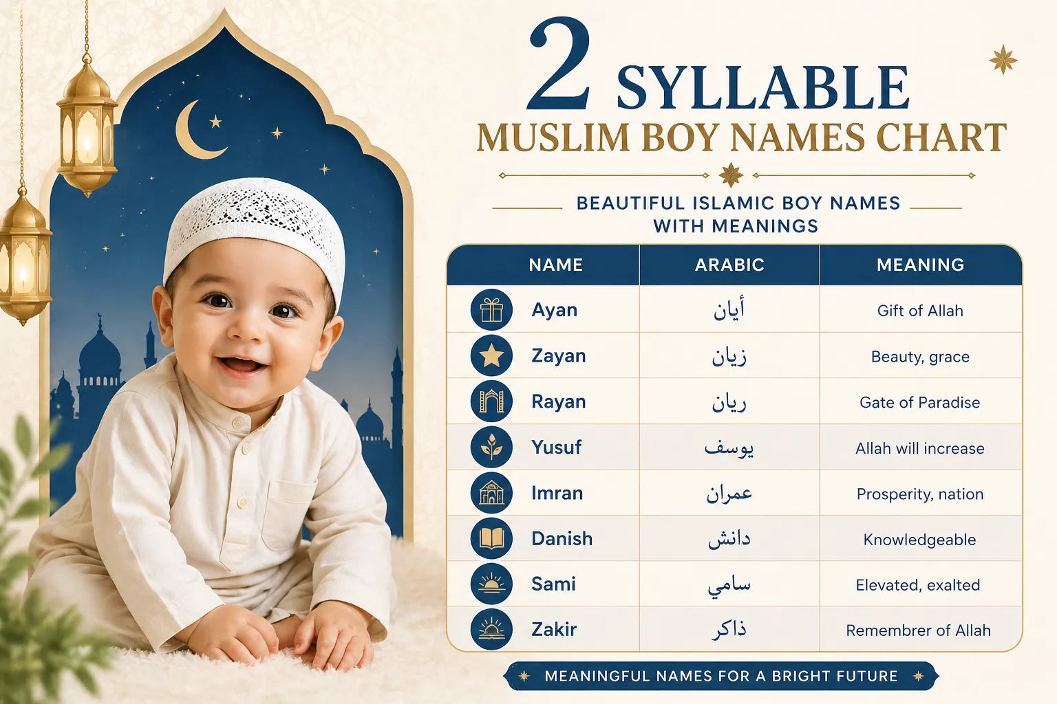 Islamic boy names list with meanings in infographic style