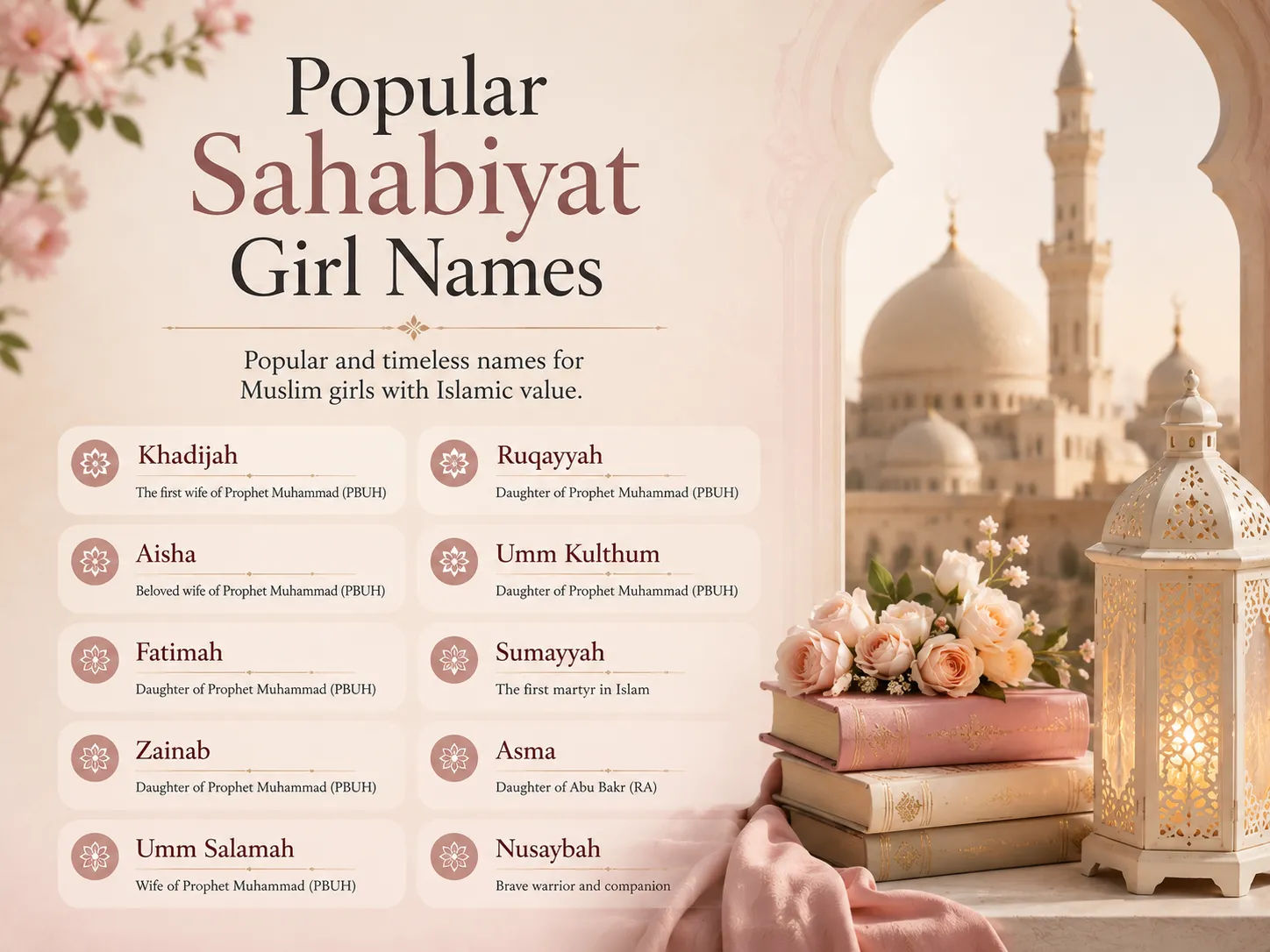 Popular Islamic girl names inspired by Sahabiyat with soft elegant style