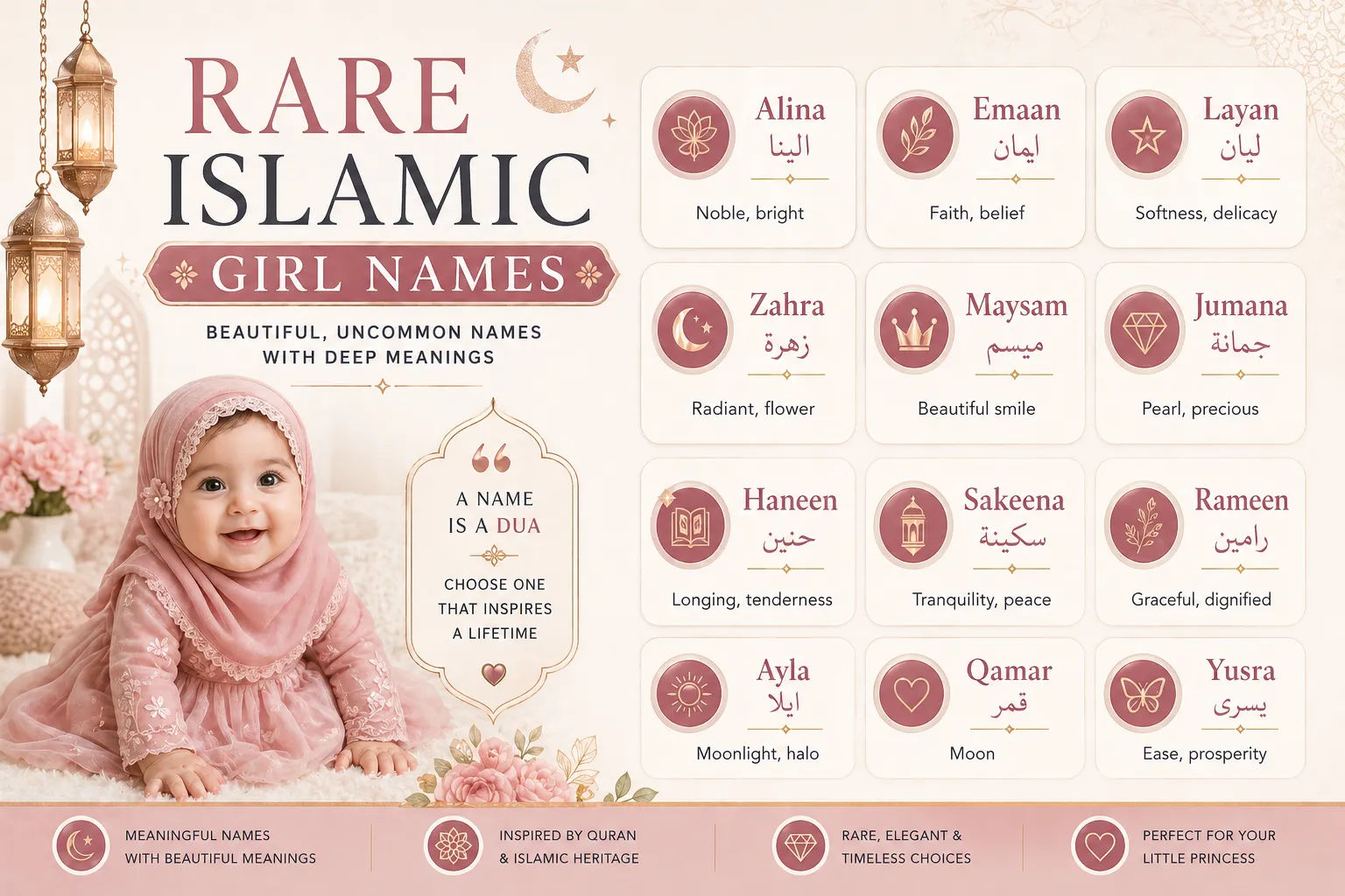 Elegant rare Islamic girl names infographic