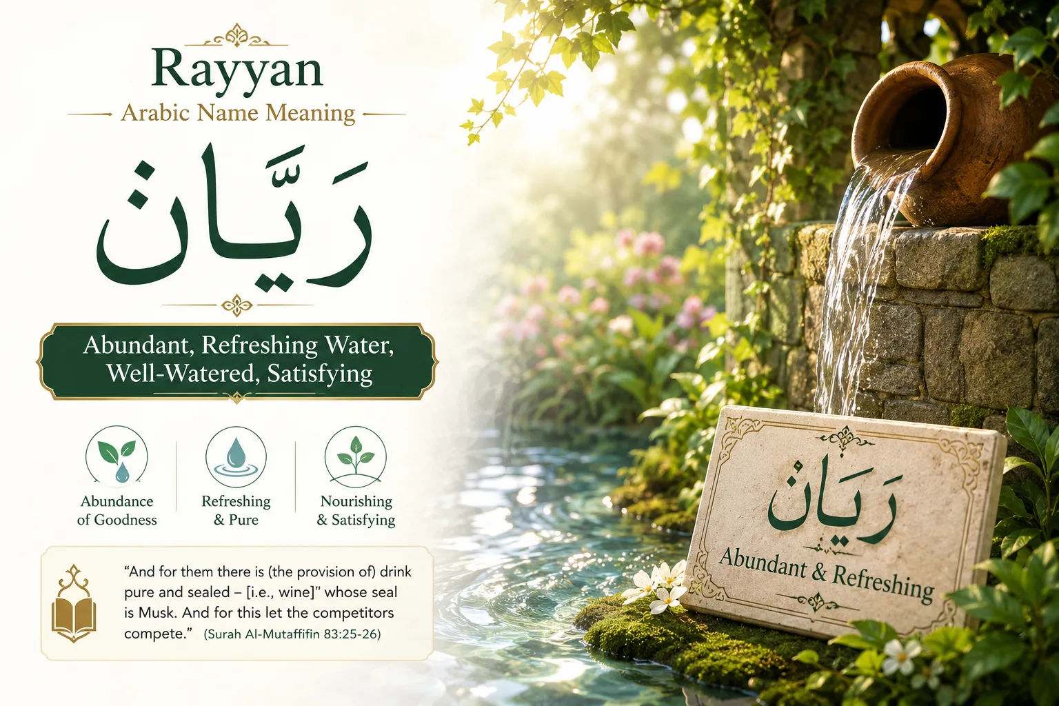 Arabic meaning of Rayyan showing freshness and well-watered imagery.