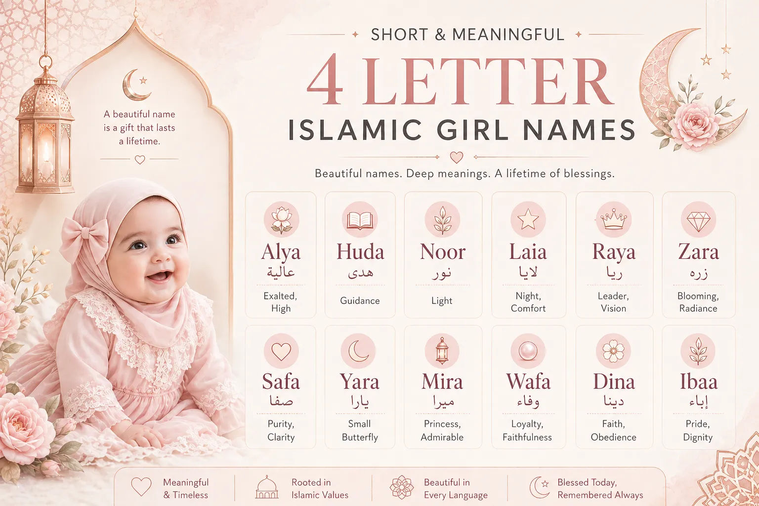 Comparison image of short Muslim names by style and meaning