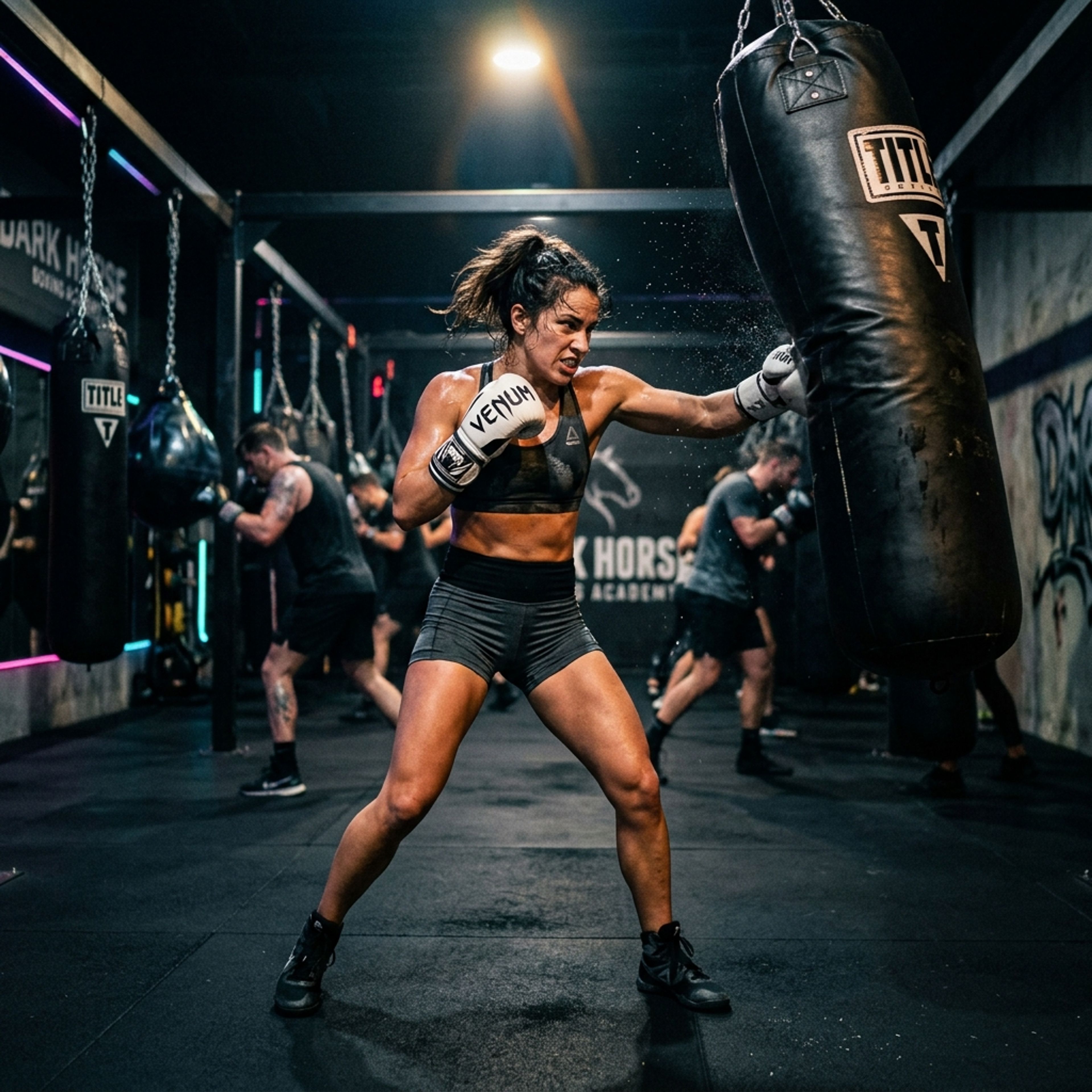 Athlete hitting a heavy bag with power