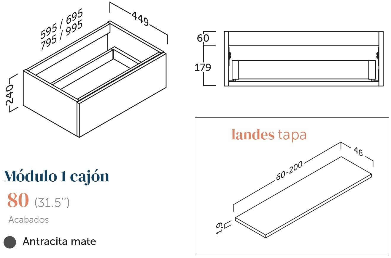 Sertar baie suspendat Landes antracit-Coycama 80x45xh24 cm | Edil