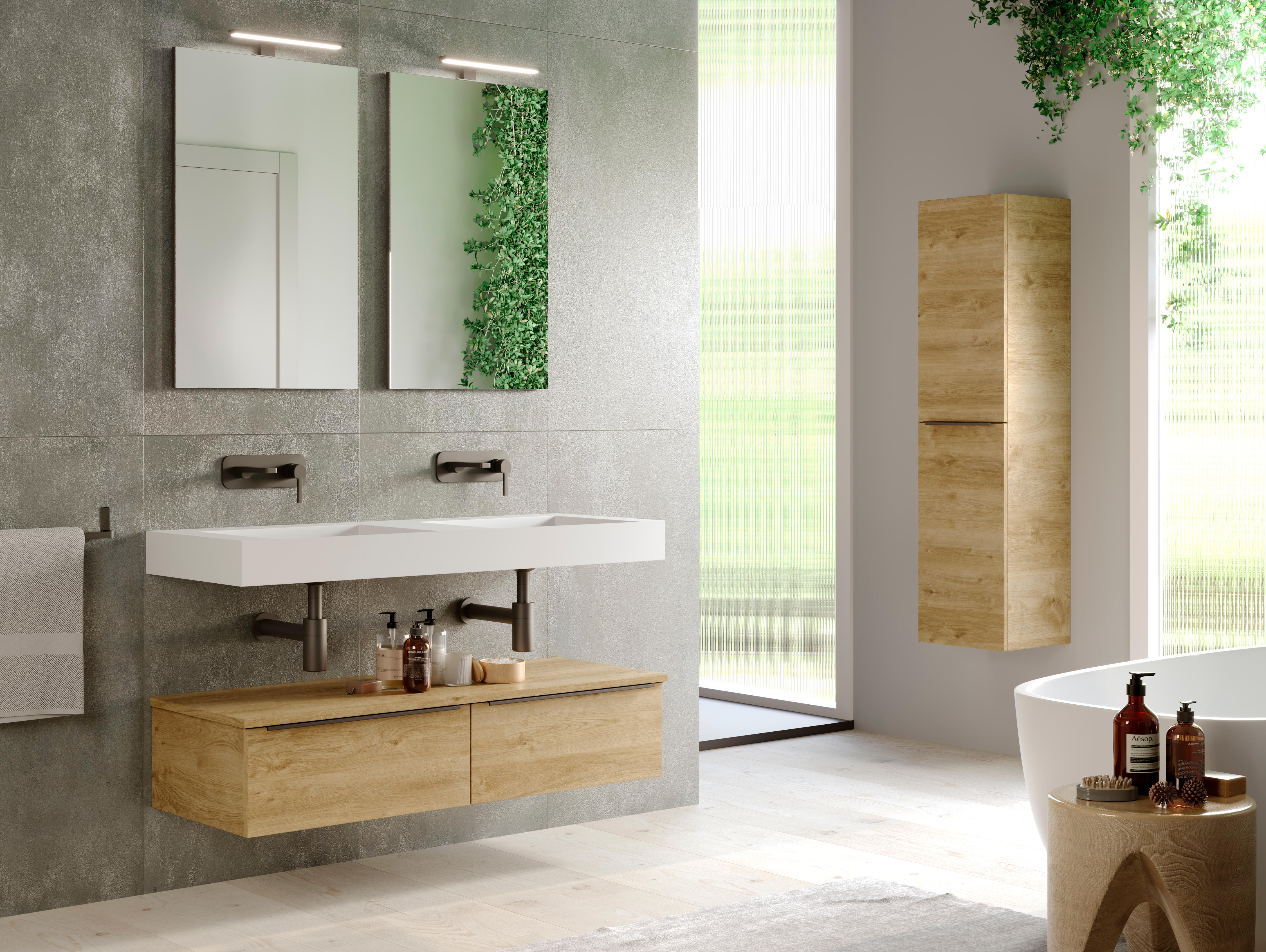 Mobilier baie Landes Roble Natural, consolă compozit două cuve și