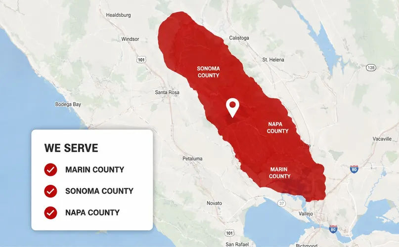 Heavy Weight Concrete service area map covering Marin, Sonoma, and Napa Counties