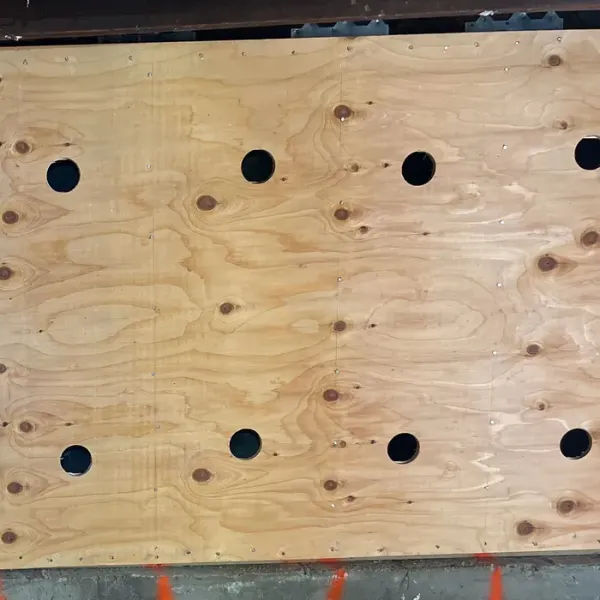 Plywood shear wall sheathing with circular openings