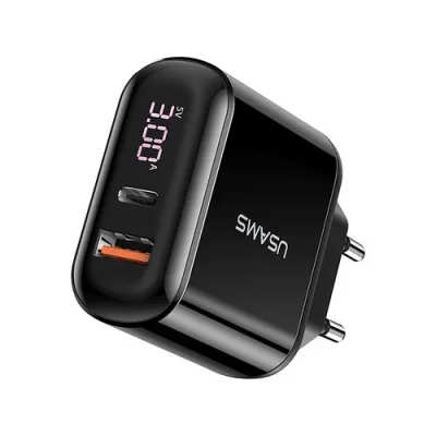 Wall Charger 1Type-C + 1USB Usams T23 Display PD + QC3.0 Black