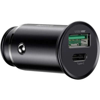 Car Charger 1USB+1Type-C Baseus Circular Metal 30W Black