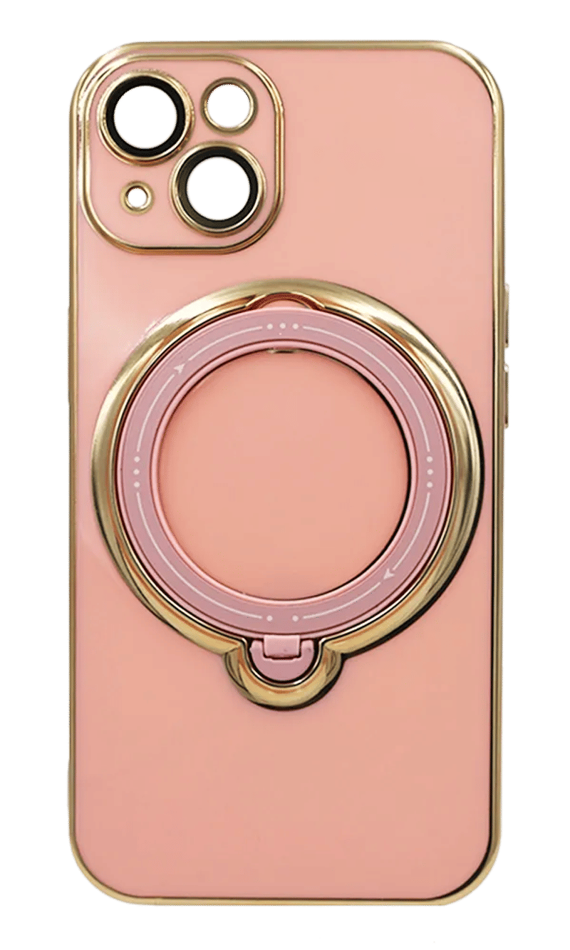 Golden Ring Stand Silicone Case for iPhone 15 Pink