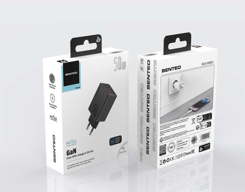 Мережевий Зарядний Пристрій 2Type-C+2USB Senteo Z-19 GaN2 50W Black