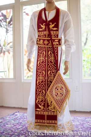 Fully Embroidered Dark Red Orthodox Priest Vestments Set. Lions Bysantic Pattern