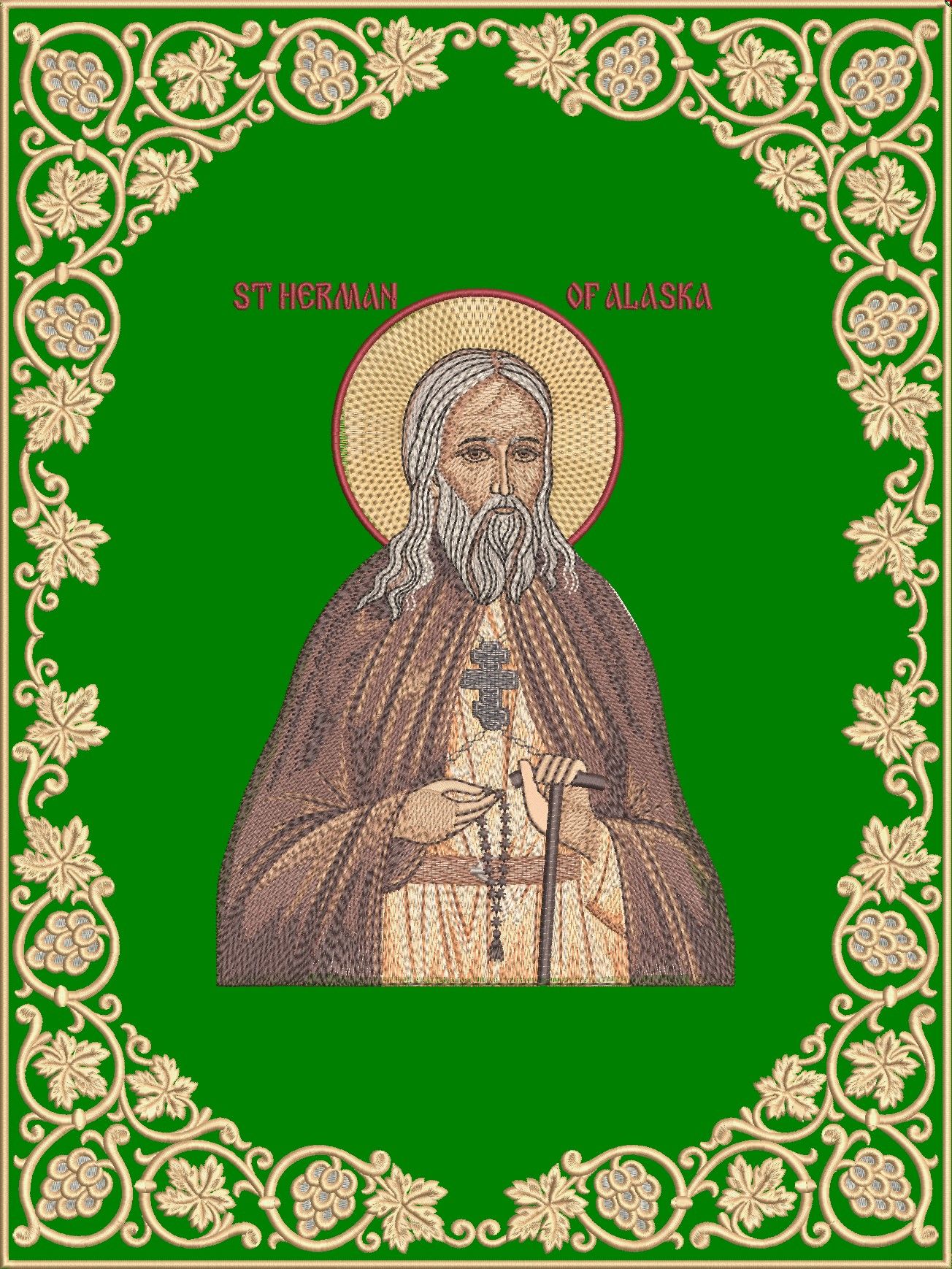 Nabedrennik – Orthodox Liturgical Priest Vestment Green St Herman of Alaska Icon
