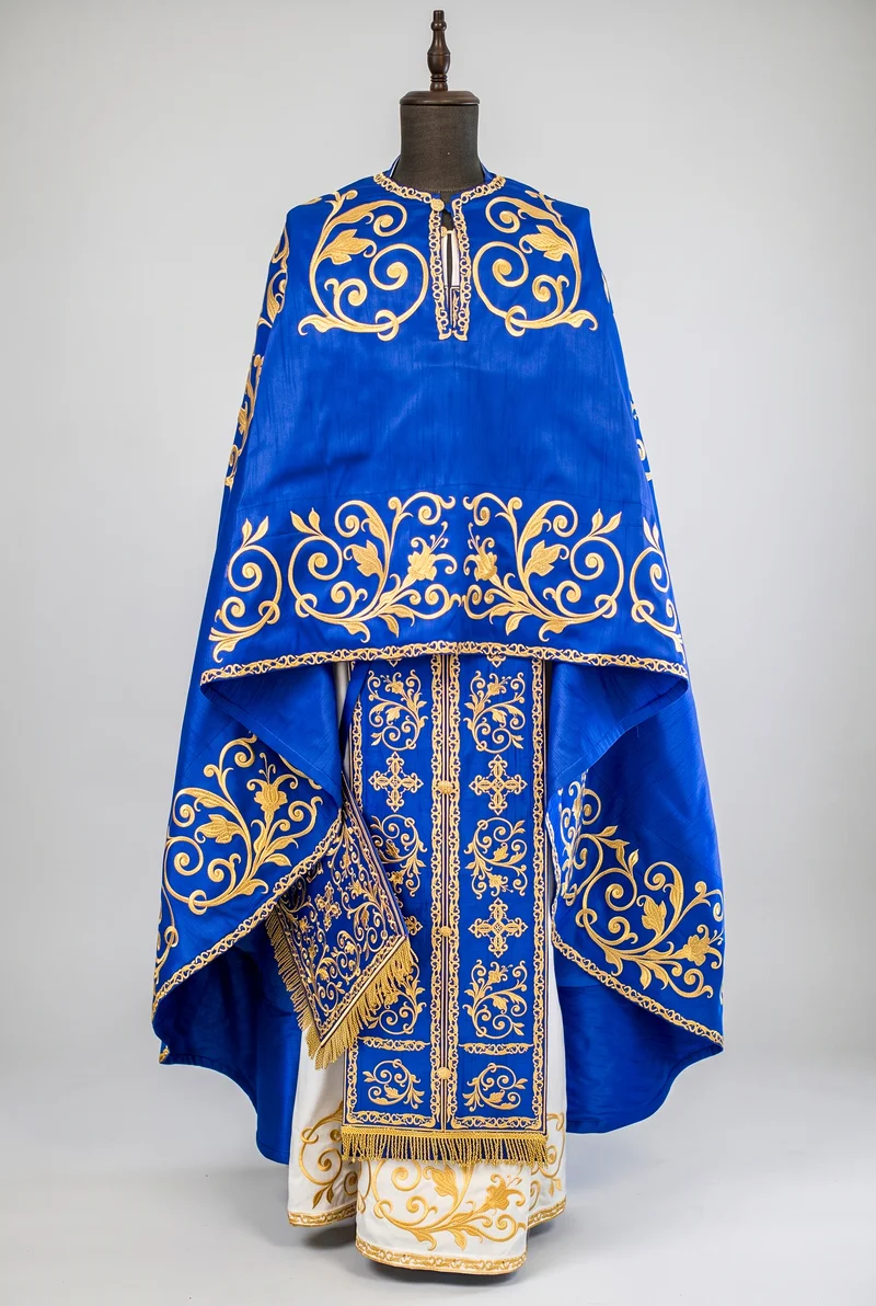 Fully-Embroidered Orthodox Priest Vestments Set —Blue Gold threads