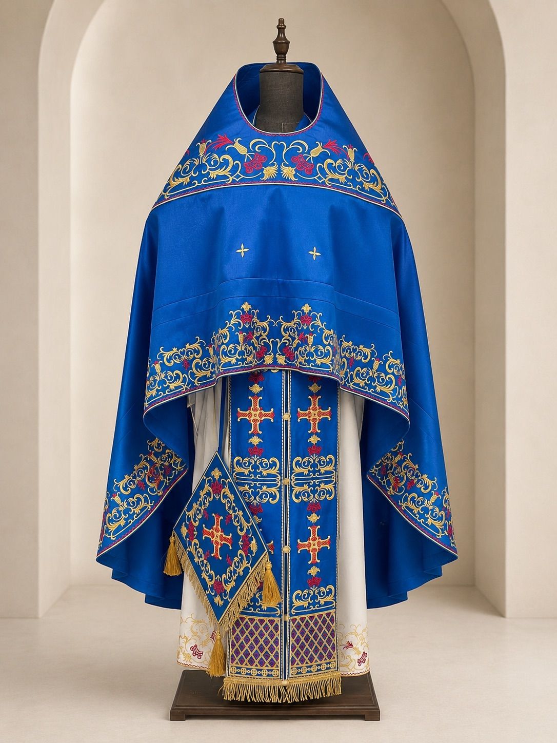 A newly ordained Orthodox priest at his first Divine Liturgy, in a gold vestment set, the parish gift visible at the altar.