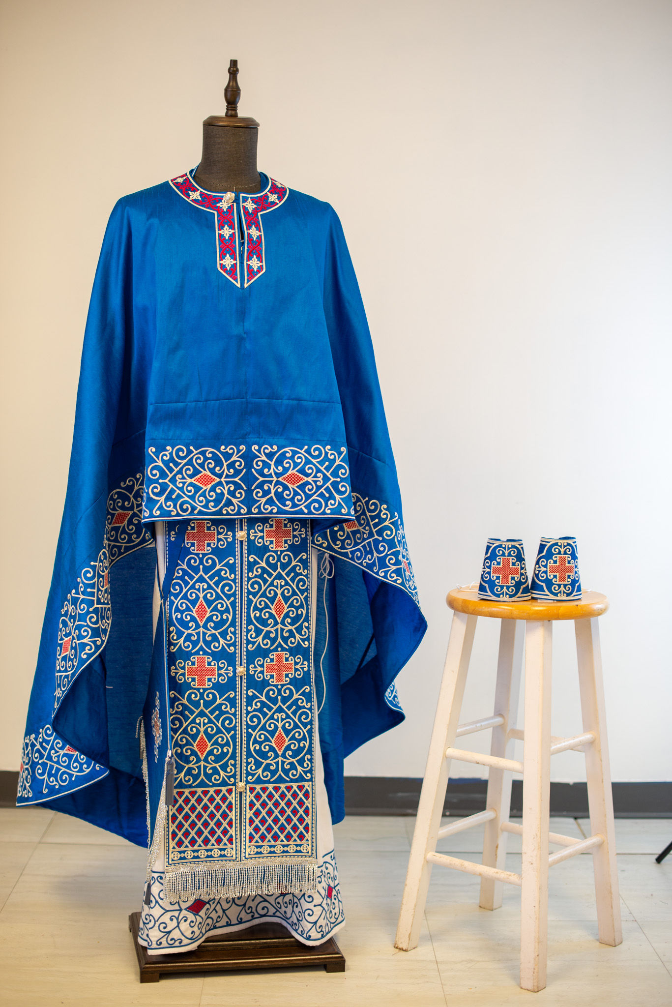 Fully Embroidered Orthodox Priest Vestments Set, Blue Red Silver