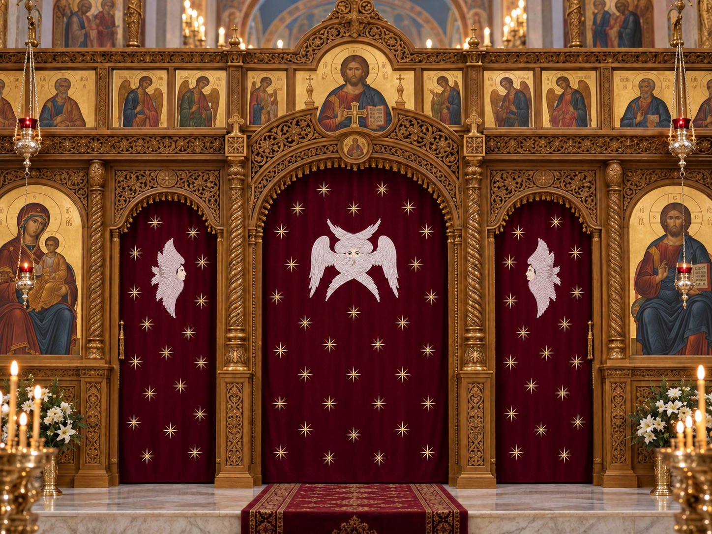 Holy Doors Altar Curtains - Embroidered Velvet Cotton With Angels