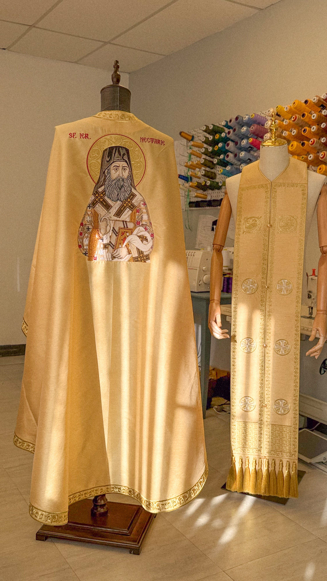 Fully Embroidered Orthodox Priest Gold Vestments With Saint Nektarios Icon