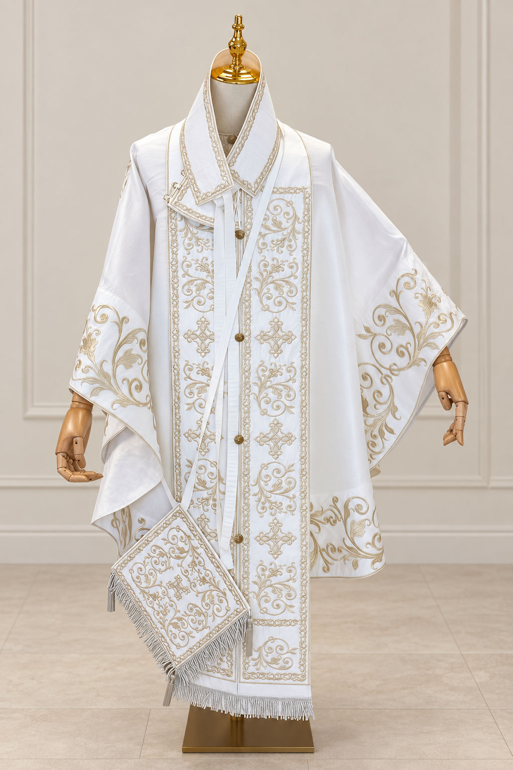 Fully Embroidered Orthodox Priest Vestments Set, Long Front Phelonion, White Silver, Old Byzantiс Style