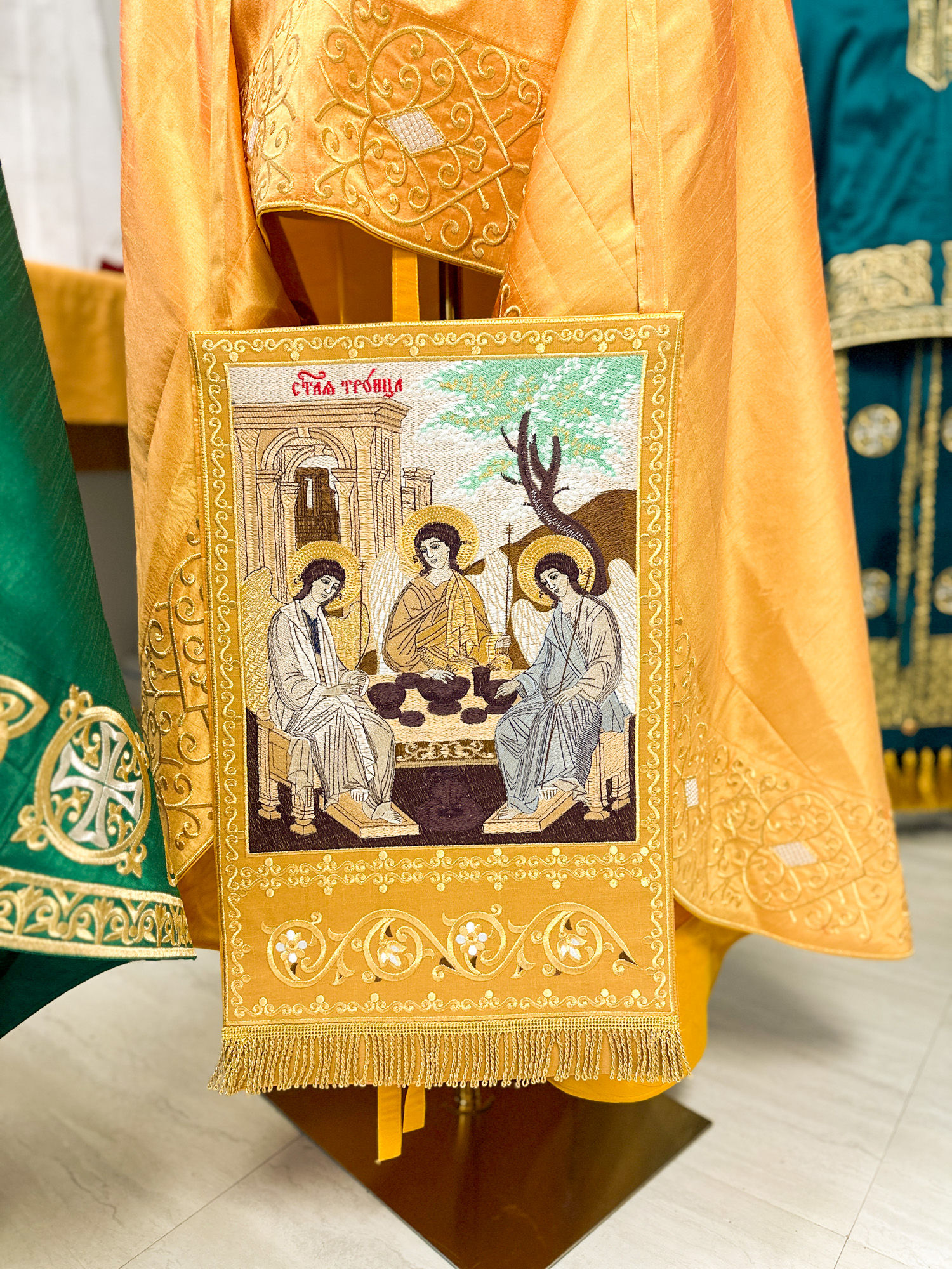 Nabedrennik – Orthodox Liturgical Priest Vestment Gold With The Holy Trinity Icon
