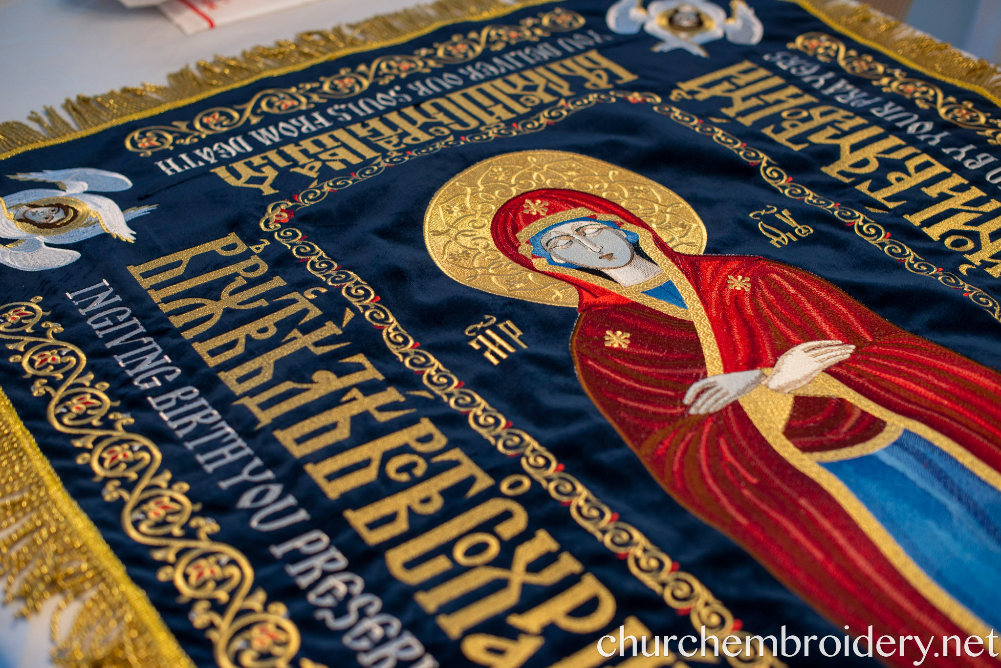 Fully-embroidered Orthodox epitaphios (shroud) Dormition Slavic Language