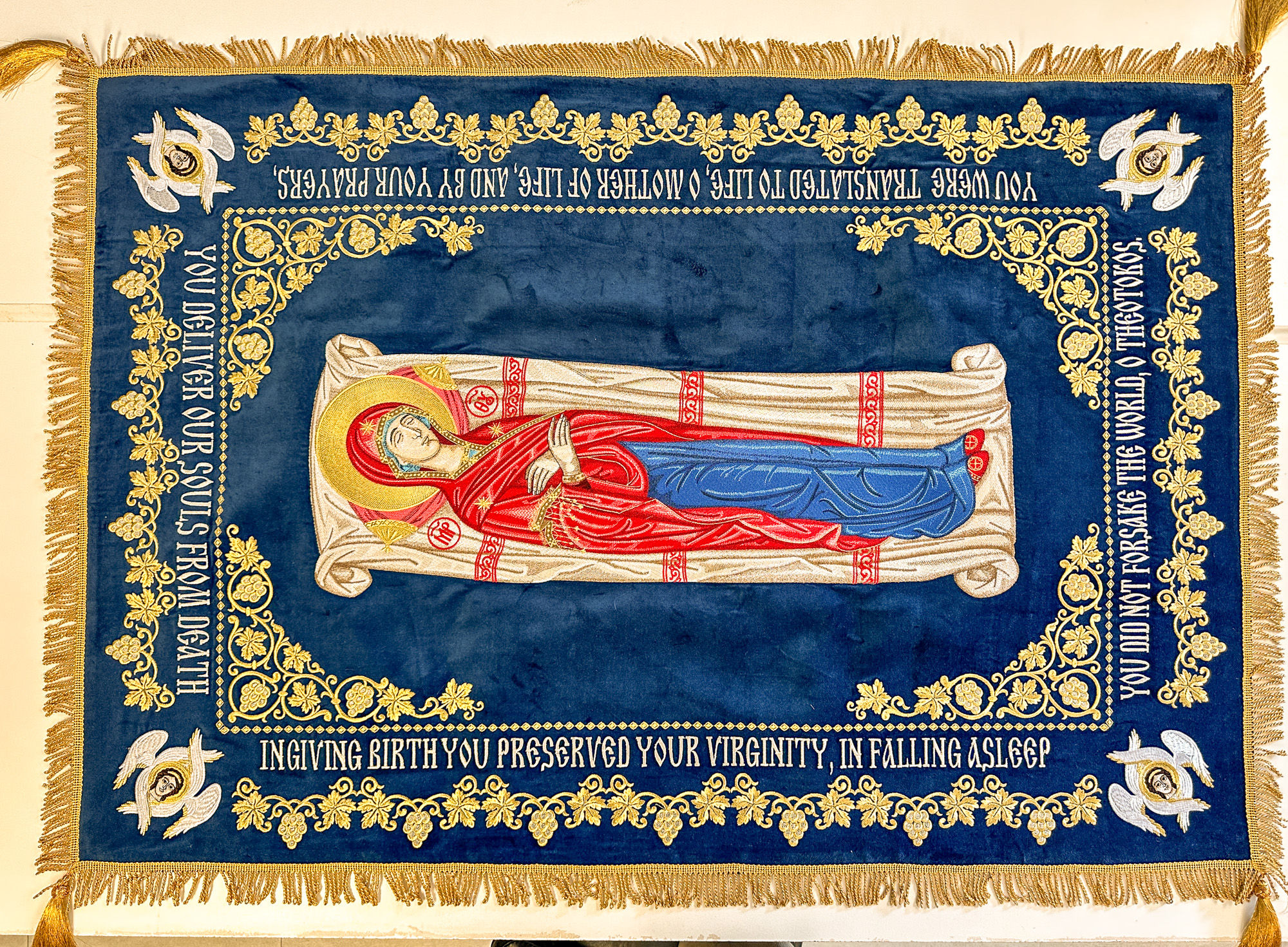Fully-Embroidered Orthodox Epitaphios (Shroud) Dormition With Vine Grapes Patterns