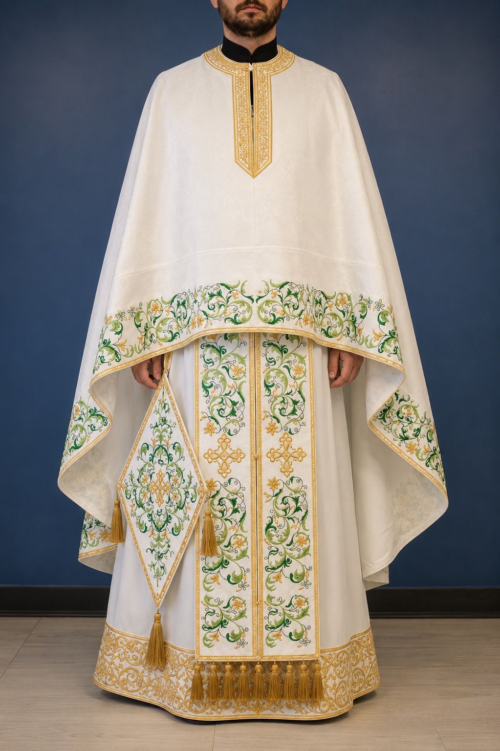 A parish priest in gold vestments at the altar — the first set most parishes commission.