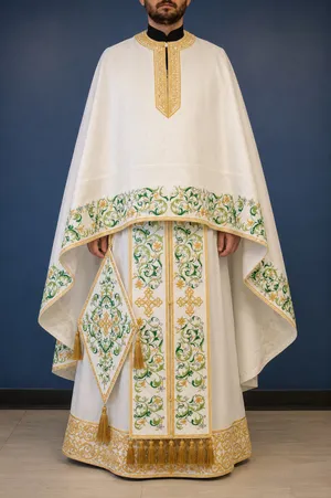 Copy of Fully-Embroidered Orthodox Priest Vestments Set — White-Green Light silk