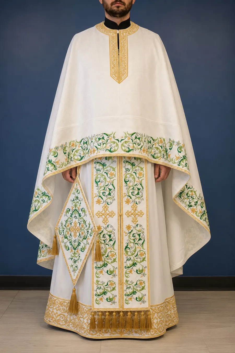 Fully-Embroidered Orthodox Priest Vestments Set — White-Green Light silk