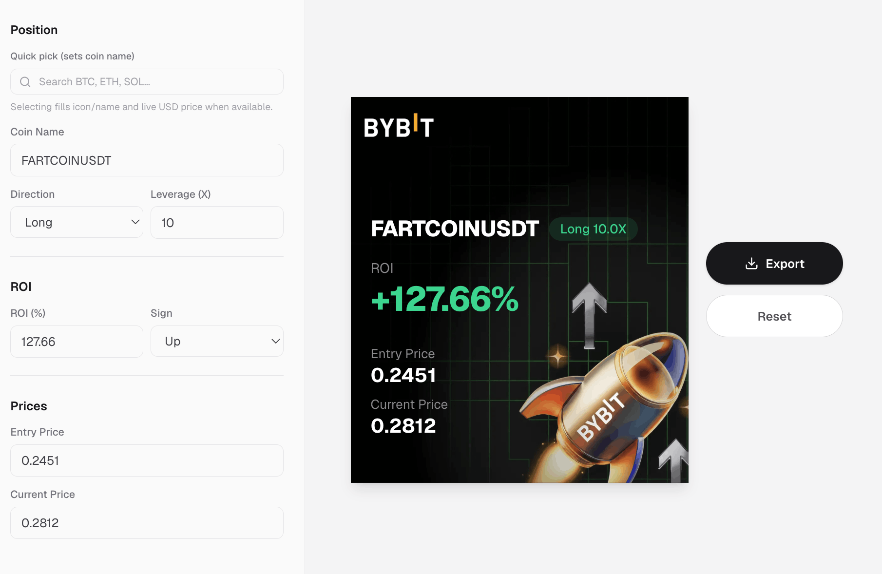 Generate a Bybit-style PnL screenshot for trade stories