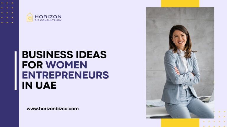 An image showcasing diverse business concepts with icons representing various industries labeled 'Business Ideas for Women Entrepreneurs in UAE,' highlighting opportunities for women-led entrepreneurship.