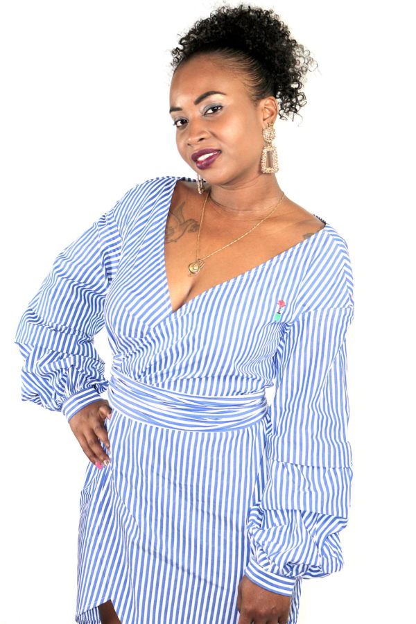 BLUE AND WHITE STRIPED WRAP DRESS ...