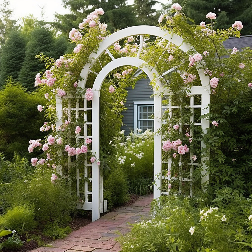 Lively garden enhanced by a colorful trellis structure and vines.
