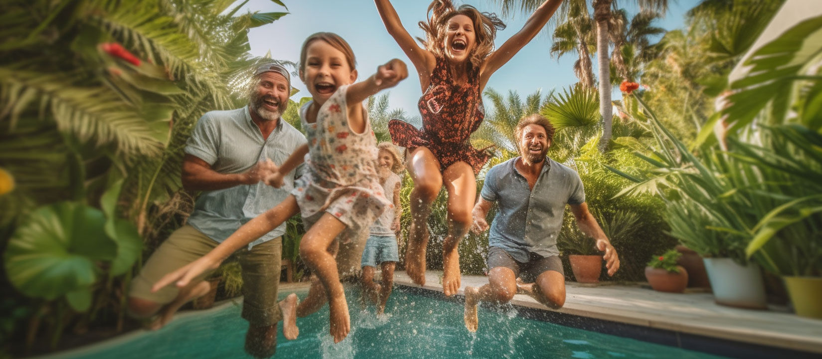 Joyful American family leaps together, embracing happiness and freedom.