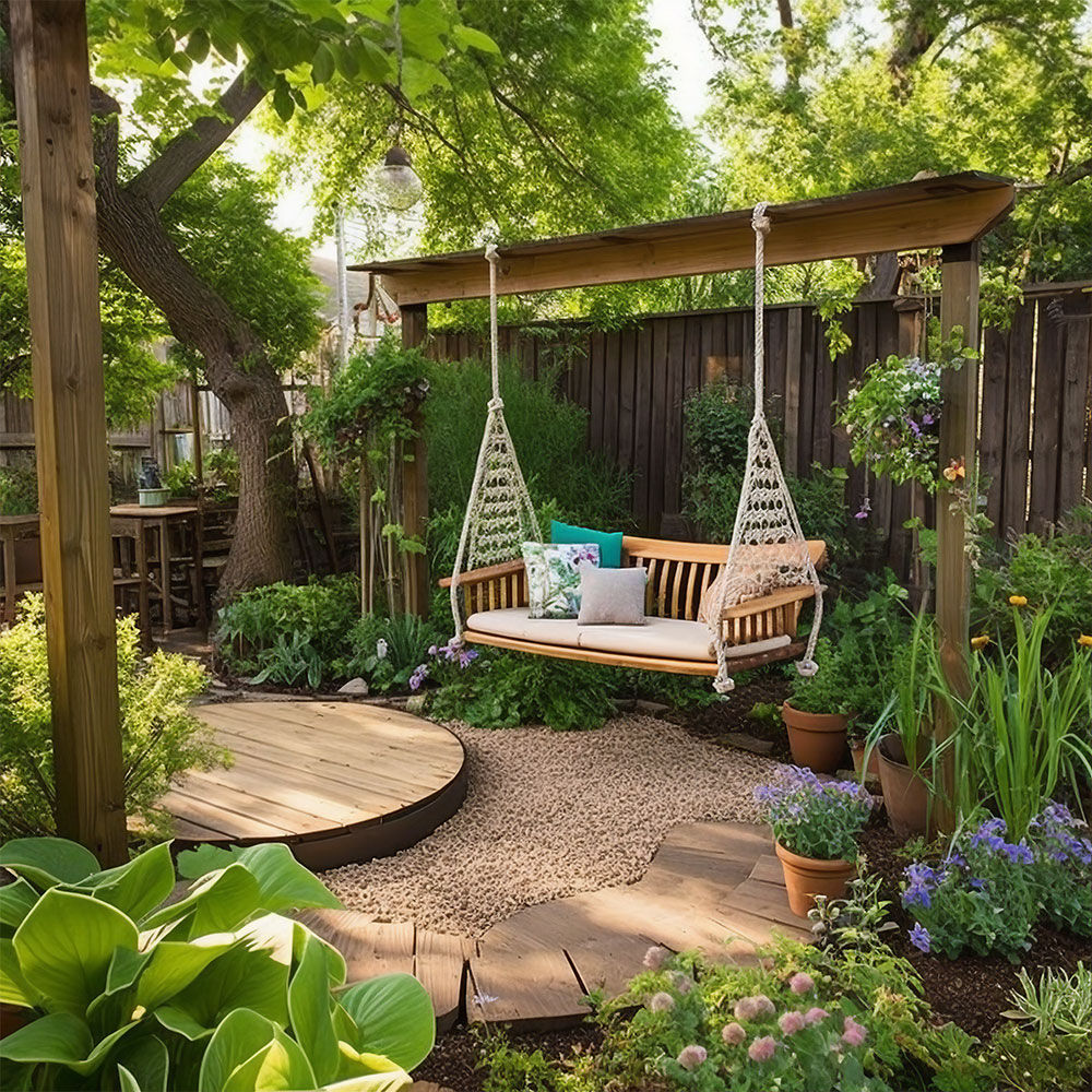 Serene backyard garden with a peaceful and picturesque ambiance.