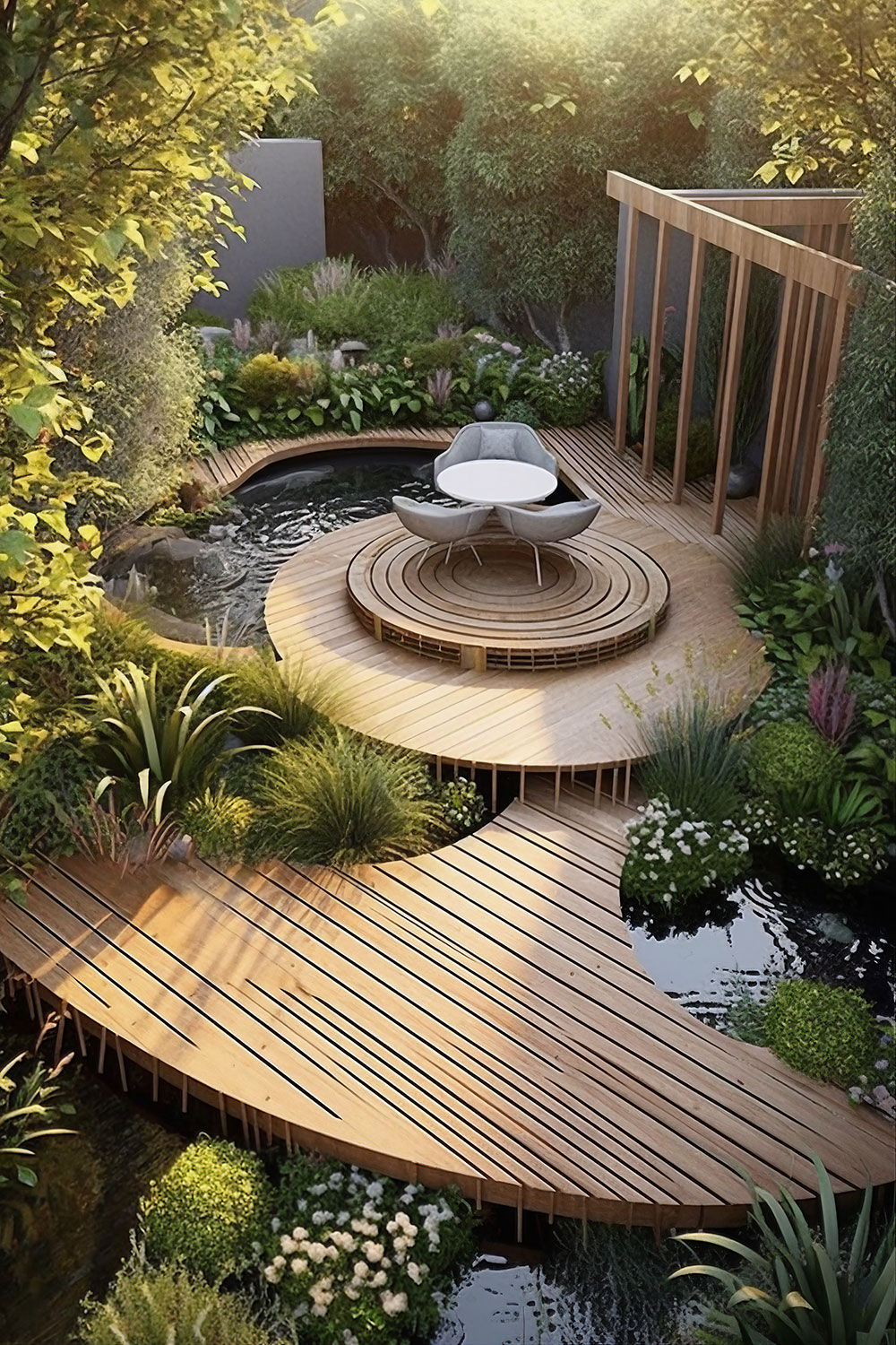 An artistic depiction of a mesmerizing wooden home garden, a haven for creativity and serenity.