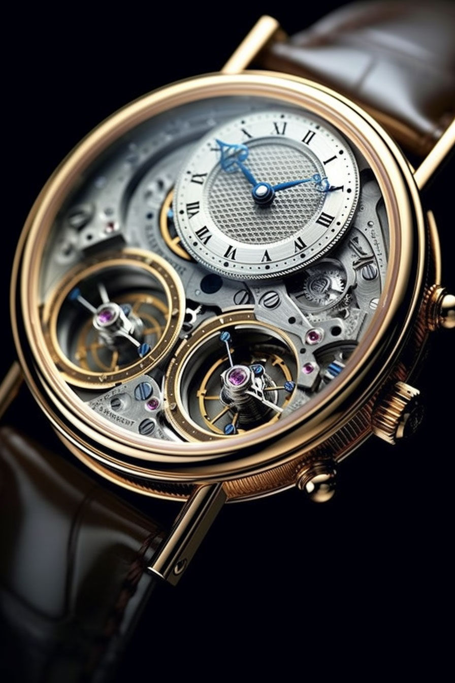 musical watch. A luxury Swiss watch with a black leather strap and a gold case.