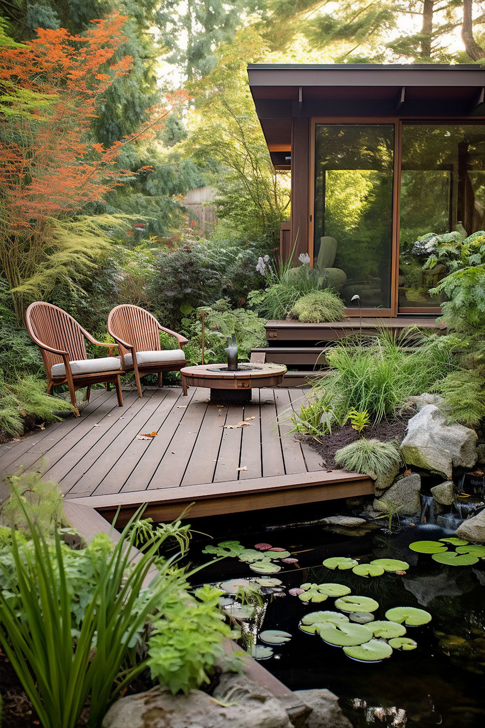 Elemental Harmony: A Tranquil Garden Retreat with a Stunning Deck Design.