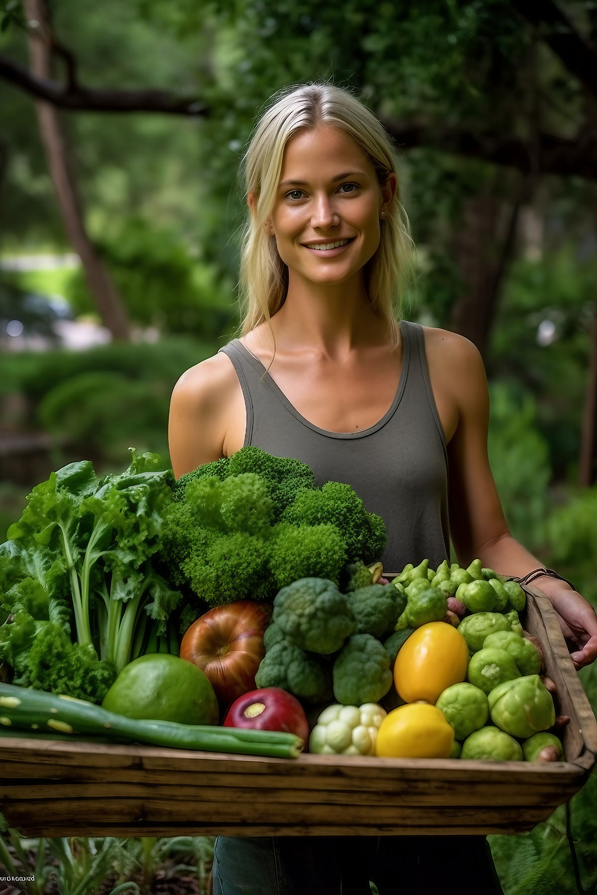 A cheerful blond lady with a smile on her face, walking outside and enjoying the beauty of nature.