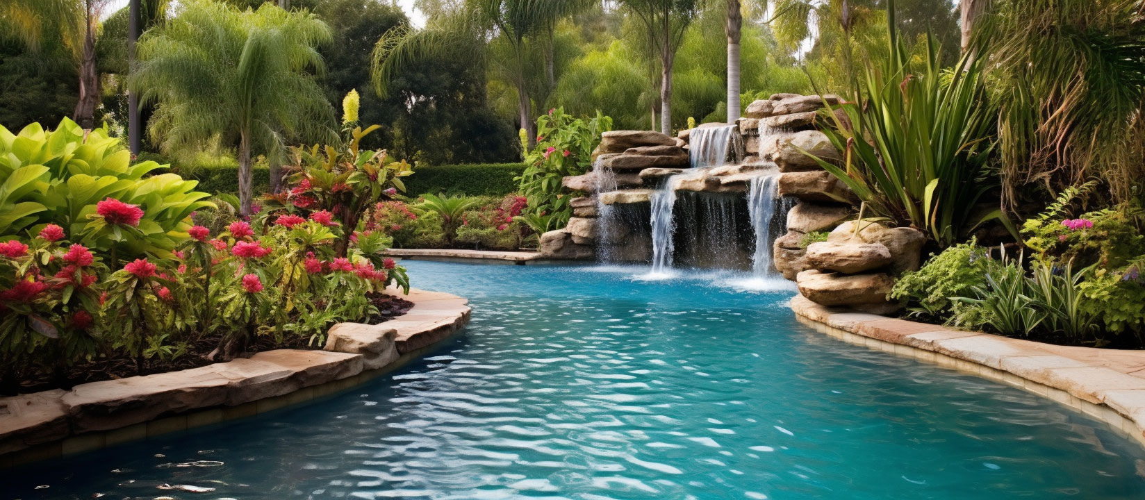 Tropical paradise oasis surrounding a serene, inviting blue home gardens near swimming pool.