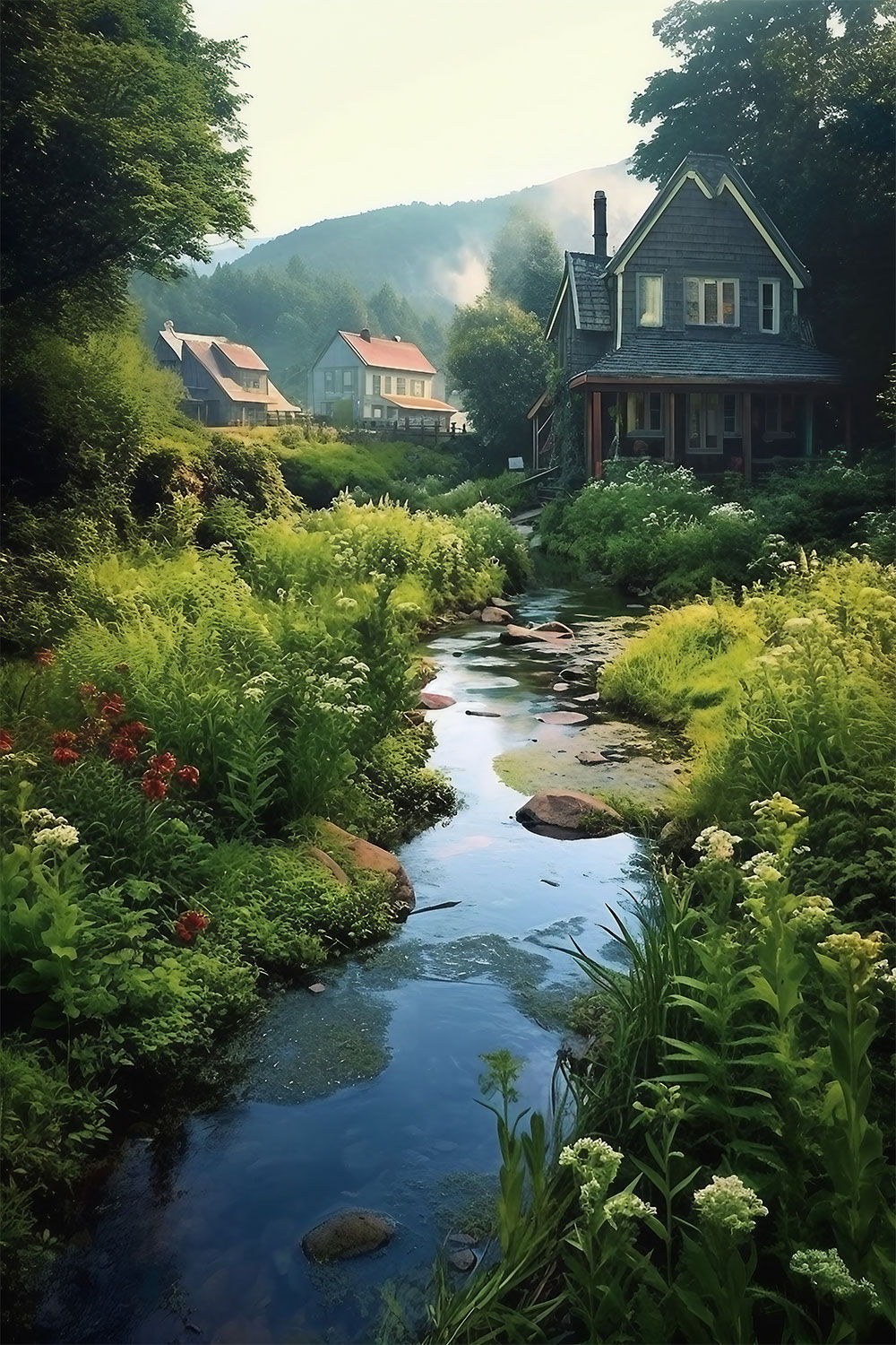 Tranquil River Flowing Past Green Oasis of Bog Garden