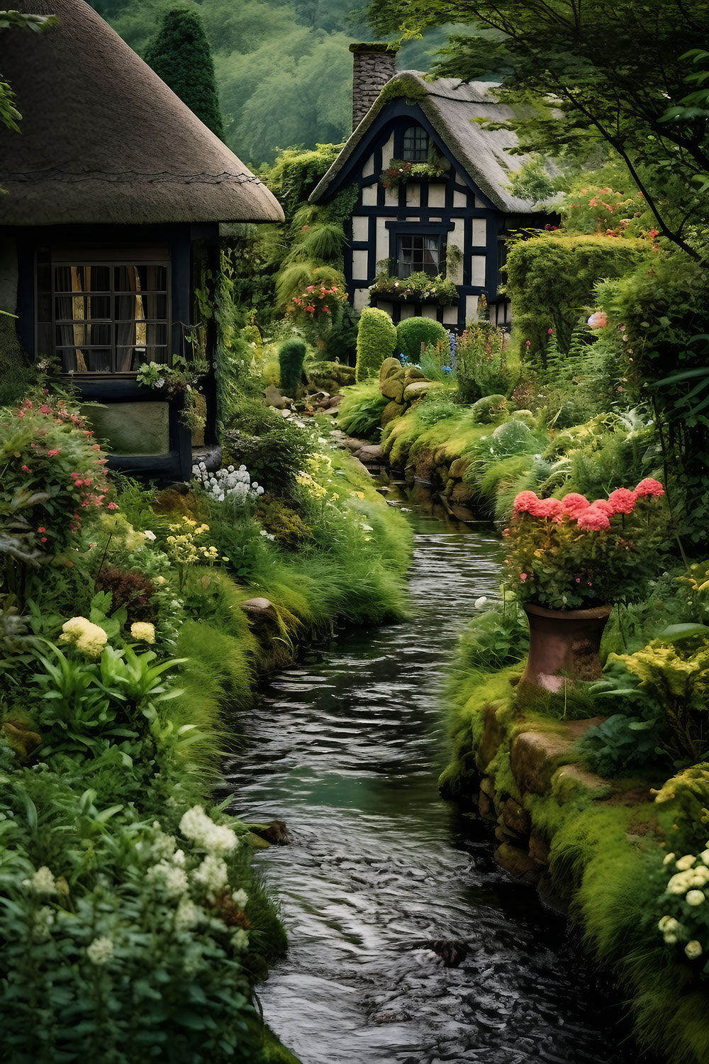 Tranquil Village River with Colorful Bog Garden