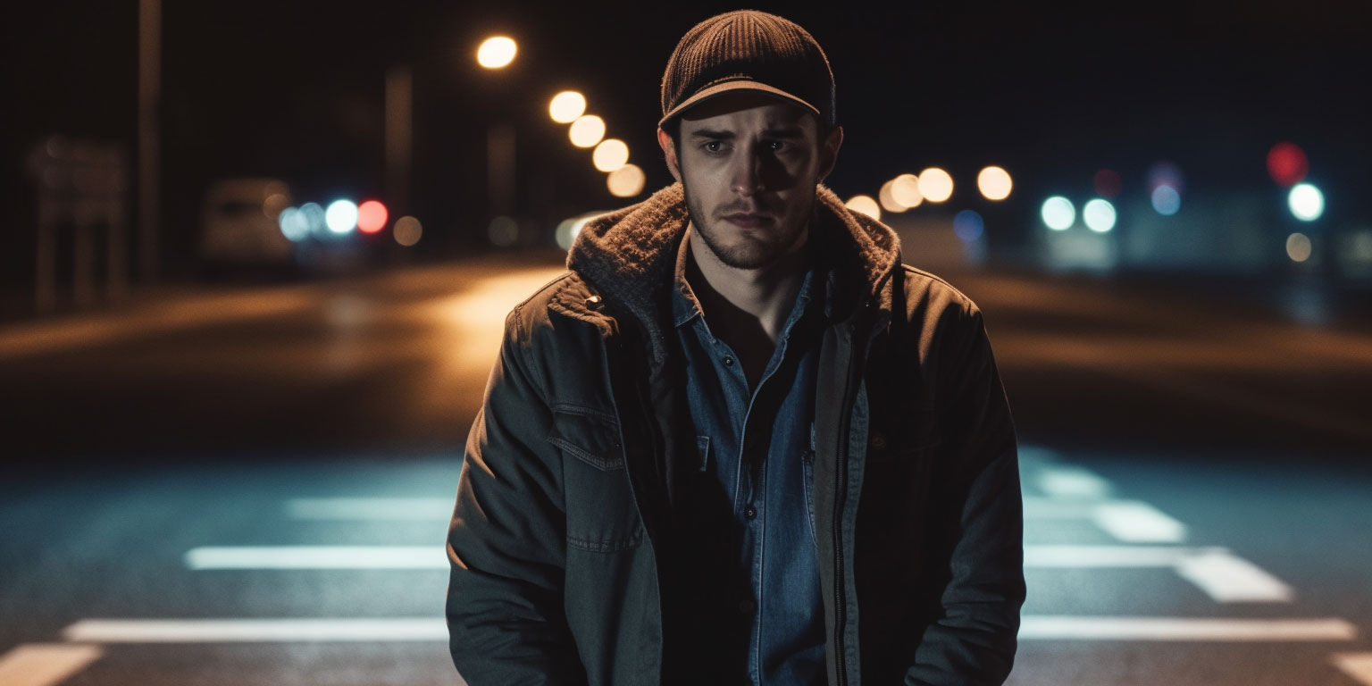 a tired american man standing middle of the road during 229a5af8 c733 44f8 a7a4 be02fc975557