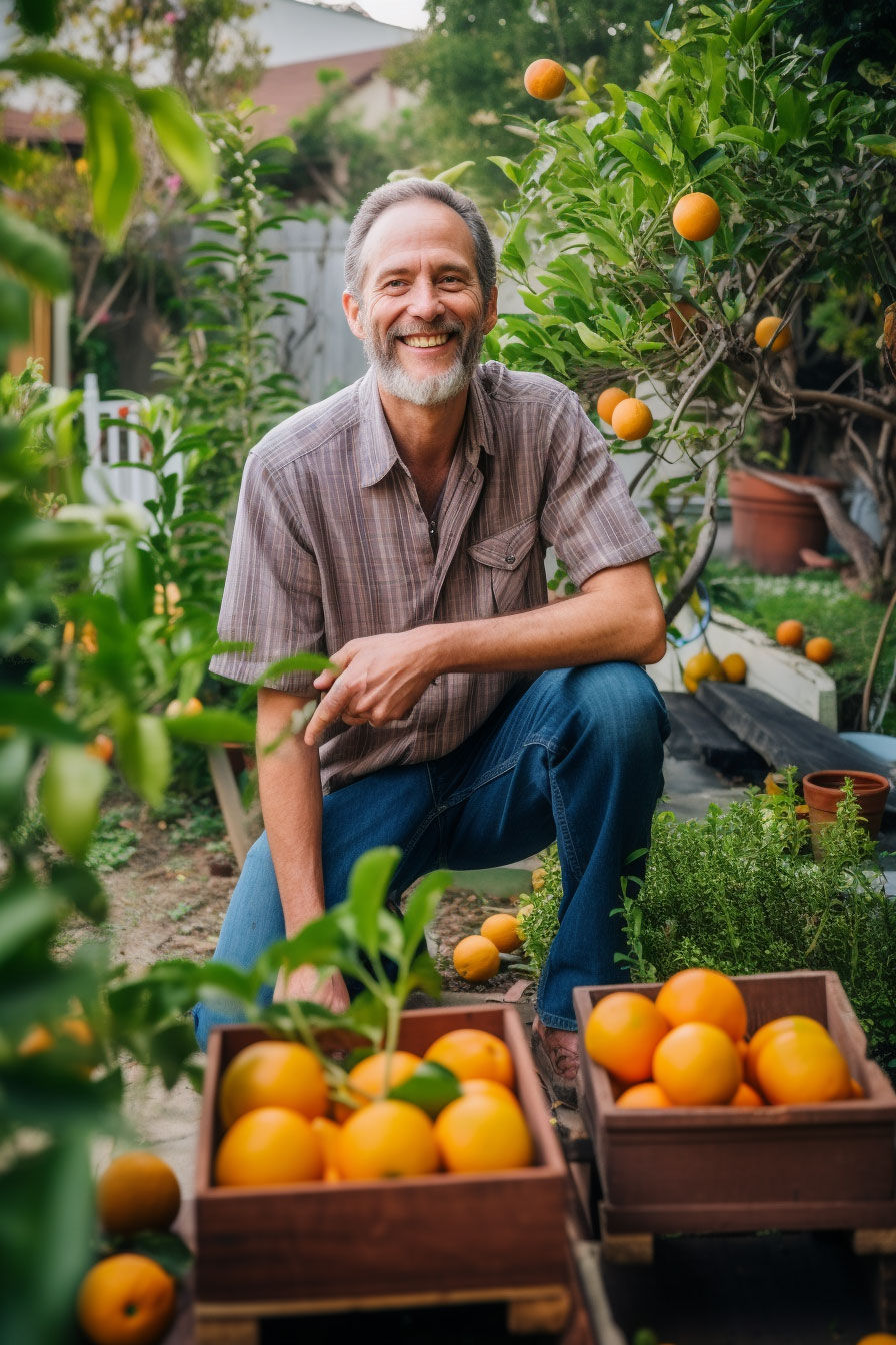A joyful man tending to his backyard garden, growing fruits in your backyard with love and care.